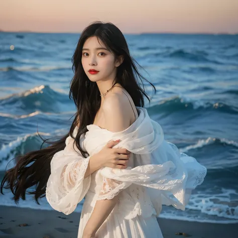 ，High picture quality，Works of masters，Daughter，Black hair，Long hair shawl，Long hair flowing over the shoulders，cropped shoulders， clavicle ，exquisite face，Hydrated red lips，white off shoulder dress clothes， clavicle ，facing at camera，A sad expression，Bust...
