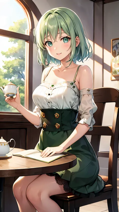 shoulder-length green hair, small size breasts, small tits、Green Eyes, 、(((Ladylike))), full body from head to toe 、、Shoulder knit、See-through patterned lace sleeves、Feminine clothing、、Chuckle、(( seated facing each other across the table from the viewer...