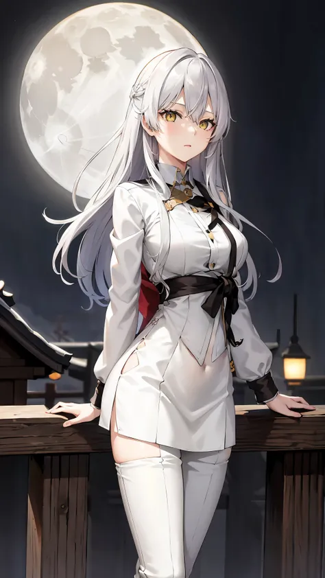 long silver hair 、 tension as the inner color for long hair, yellow eyes , Moonlight、 moonlight、、、, full body composition from head to toe、Sharp Eye、Older sister、Sexy Fashion、 white shirt、Belly button exposed、Dress pants、Beige jacket coat 、Night Beauty、A...