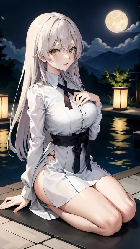  long silver hair 、  tension as the inner color for long hair, yellow eyes , Moonlight、 moonlight、、、, full body composition from head to toe、Sharp Eye、Older sister、Sexy Fashion、 white shirt、Belly button exposed、Dress pants、Beige jacket coat 、Night Beauty、A...