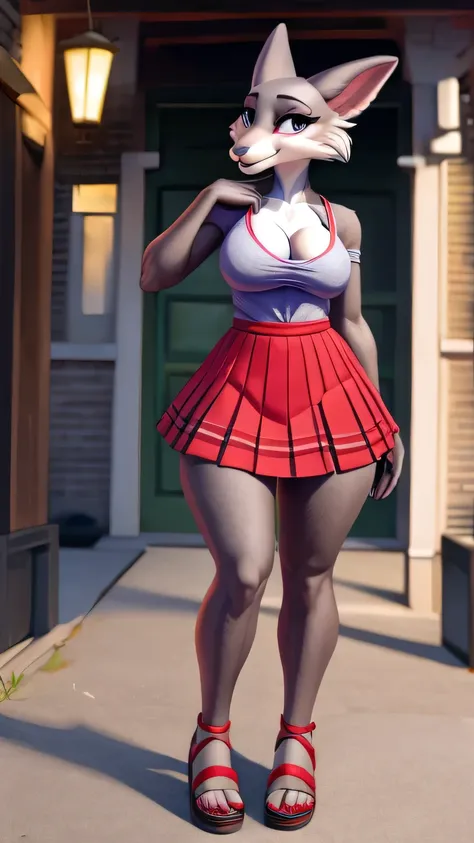  Anthropomorphic female She wears a short and loose gray top that reveals a remarkable amount of cleavage,  with straps that are attached to a short red skirt with white polka dots .  The skirt is fitted and reaches the middle of the thighs , accentuating ...