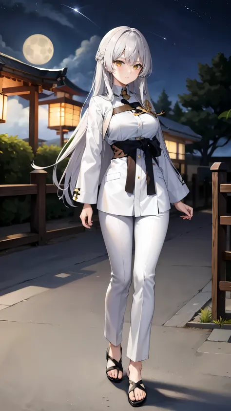  long silver hair 、  tension as the inner color for long hair, yellow eyes , Moonlight、 moonlight、、、, full body composition from head to toe、Sharp Eye、Older sister、Sexy Fashion、 white shirt、Belly button exposed、Dress pants、Beige jacket coat 、Night Beauty、A...