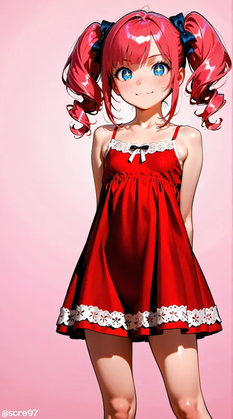 big expressive eyes, cute face, soft skin, pink hair, pigtails, cute dress, lace and bows.