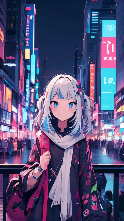 New Years theme. Anime character with big eyes, in a futuristic outfit, against the background of a city in neon lights .the inscription in the sky "happy New year"