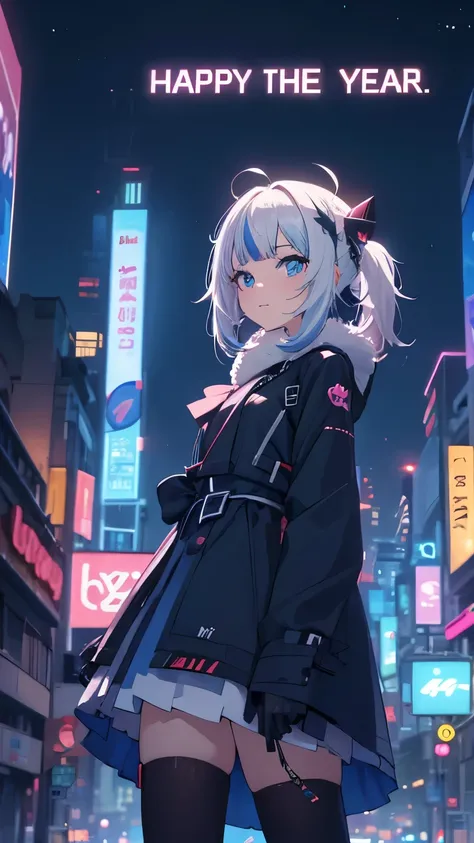 New Years theme. Anime character with big eyes, in a futuristic outfit, against the background of a city in neon lights .the inscription in the sky "happy New year"