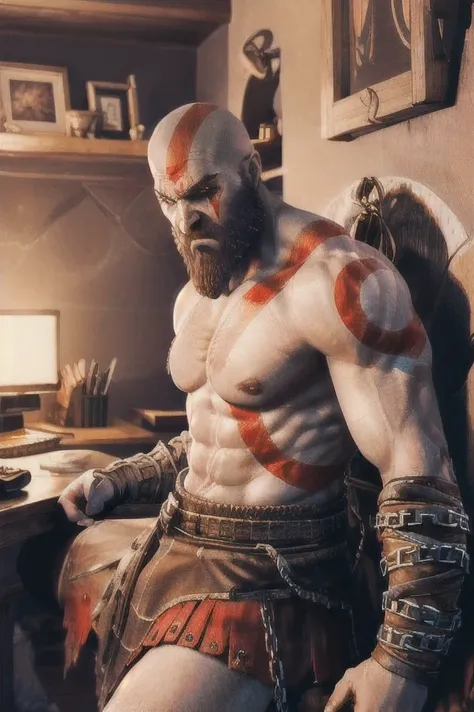 (masterpiece, best quality, detailed:1.2),  kratosGOW_soul3142, solo, red eyes, 1boy, weapon, male focus, tattoo, muscular, glowing, facial hair, chain, abs, glowing eyes, topless male, bald, manly, glowing eye  "A muscular warrior kratos the god of war wi...