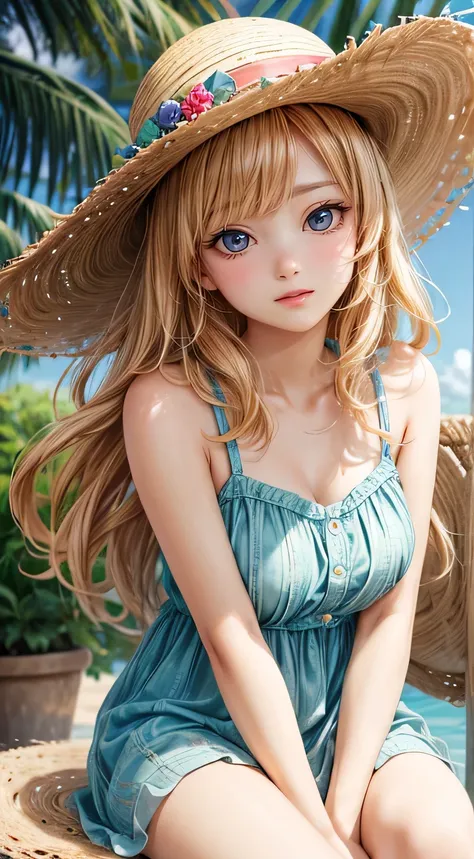 oceans view background, Flaxen-haired girl, tanned skin, hair blowing in the wind, straw hat, linen mini dress, holding straw hat in one hand, smiling, charming aura, captivating, seductive gaze, shot from knees up,