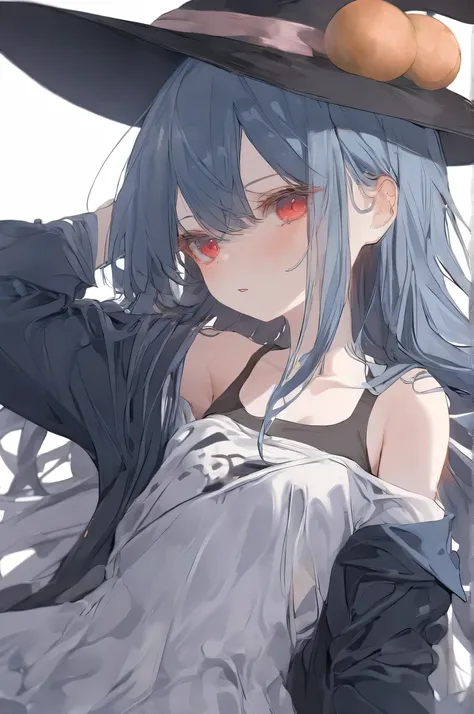  Top quality  ，  Best Quality ，  Official Art  ，cool, beautiful, And pick   ， Very Detailed （Fractional art 1 .2），most detailed，  a girl ，  expressionless faces  ， Dark blue long hair   ， wearing a wizard hat，  dark red eyes  ， Seductive Expression , Part ...