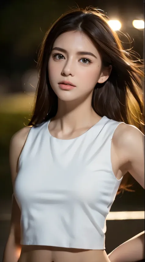 ((Realistic lighting, Breakthrough Poses, 8k, Masterpiece : 1.3)), , clear focus : 1.2, 1 girl, perfect beauty: 1.4, slim belly : 1.1, (( dark brown hair )), ( White Sleeveless Top: 1.4), (outdoor, nighttime: 1.1), Park view, Delicate Face , Beautif...