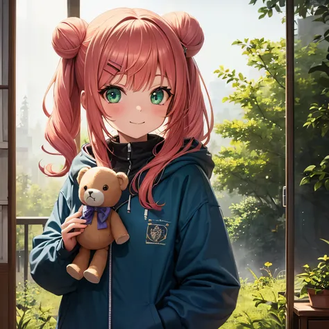 Create vibrant cover art featuring a solo girl with playful pink hair styled in double buns, adorned with mismatched hairpins that spark curiosity. She wears a stylish, hooded jacket in muted, mysterious colors, with the hood down, giving her a relaxed yet...