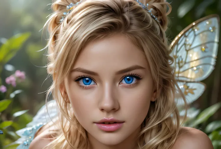 masterpiece, best quality, highly detailed, (masterpiece, best quality, highly detailed), very detailed face, hyperrealistic, (UHD quality details), (photorealism:1.5), 1girl, tinkerbell, blonde, fairy, horny, blue eyes, ahegao, [[cleavage]], blush,