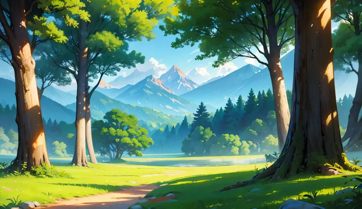 color illustration of Indian forest landscape with, open ground, Open battel field, surrounding trees, mountain, reaching towards the sky with branches outstretched, providing shade and sanctuary in this natural oasis , splashes of color painting the lands...
