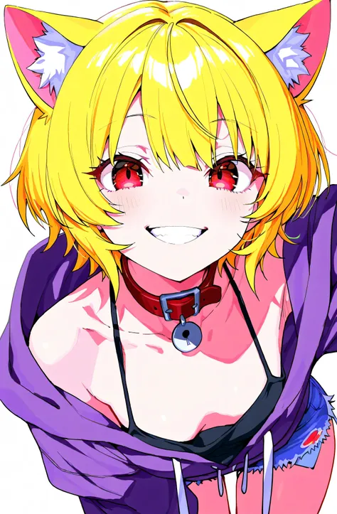 best quality、8k、 highres icon、My head fits、 バストアップ、Toothy grin ,one girl、Alone、Blonde, short hair, short hair 、 small cat ears the same color as hair
BREAK
red eyes, red eyes
BREAK
Black collar , purple hoodie , hot pants, white background 
