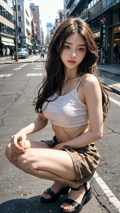  (( 8k up shot ,An older sister with beautiful skin :1. 4 on the street ,22 years old,Squat in a miniskirt:1. 4 Portraits  )), very beautiful and slim 、 beautiful feet、 belly button out,Extremely Delicate Face   , Skin and Hair, long hair on background,Bro...