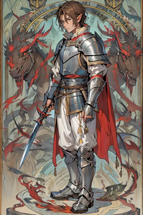 A 15-year-old boy, a boy swordsman, wears a sword, brown hair color, straight hair, mans short hair, without a beard, without a goatee, no facial hair, pointed ears, elf ears, silver medieval knight armor, pauldrons, cuirass, gauntlets, red waist cape, gre...