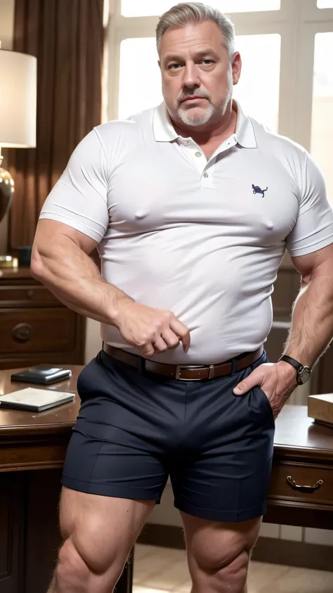 (best quality,4k,8k,highres,masterpiece:1.2), age 60, white man, horny disgusting, muscular chubby, kind, polo shirt , mature daddy, Dress Pants with big hard bulge, hairy chest hard nipple, belt, loafer, in his Luxury Office