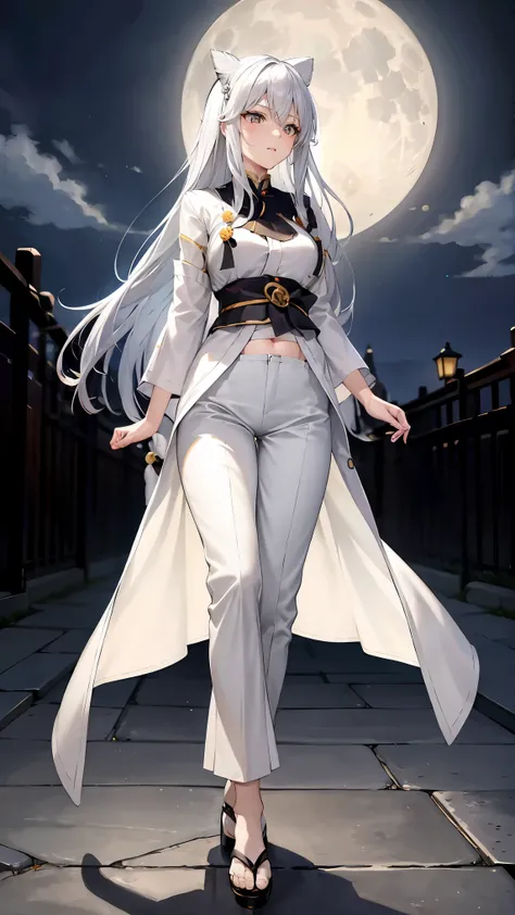 long silver hair 、 tension as the inner color for long hair, yellow eyes , Moonlight、 moonlight、、、, full body composition from head to toe、Chuckle、Older sister、Sexy Fashion、blouse、Belly button exposed、Tapered trousers、Night Beauty、A fearless face、Yamato ...