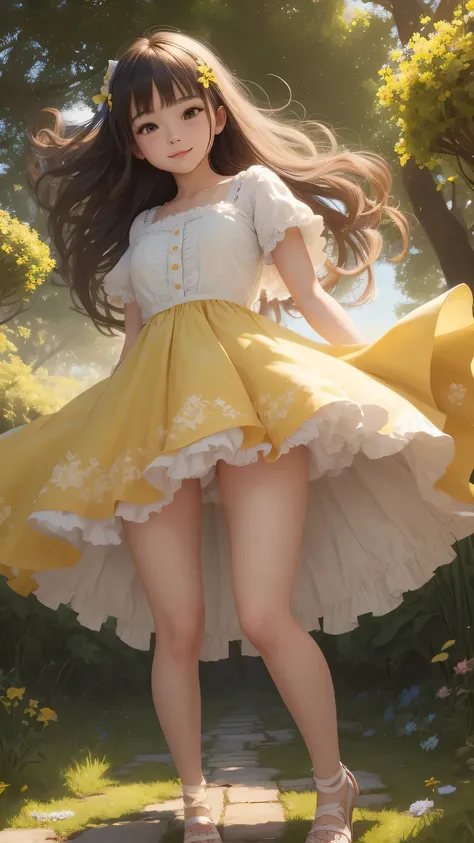 (masterpiece),(best quality),(ultra-detailed), (full body:1.2), 1girl, beautiful Japanese girl, baby girl, cute, kawaii, smiling face, long hair, hair thin ribbon,  BREAK white and lemon yellow flowers garden background,  BREAK  frilly sun dress, dress lif...