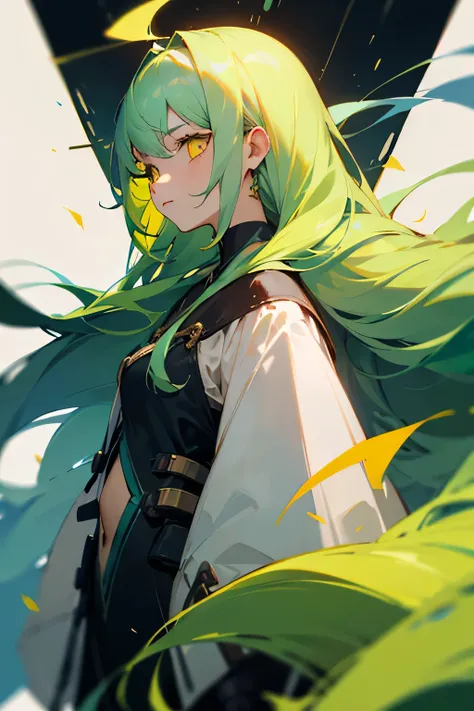 A girl having long green hair and yellow eyes 