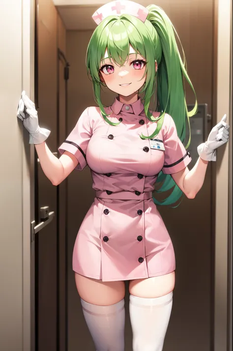 1girl, solo, nurse, nurse cap, white nurse uniform, ((white legwear, zettai ryouiki)), white gloves, ponytail, green hair, pink eyes, smile, standing, ((hospital room)), sharp outline, short sleeves, best quality, masterpiece