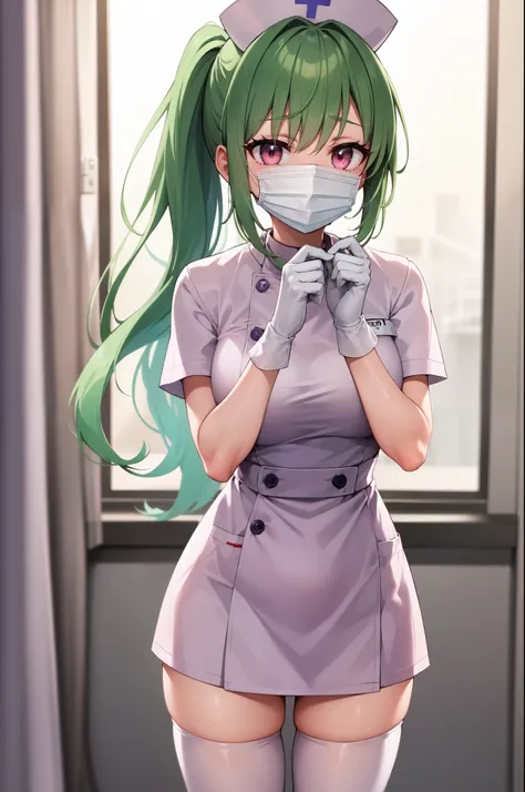 1girl, solo, nurse, nurse cap, white nurse uniform, ((white legwear, zettai ryouiki)), white gloves, ponytail, green hair, pink eyes, ((white surgical mask, covered nose)), standing, ((hospital room)), sharp outline, short sleeves, best quality, masterpiec...