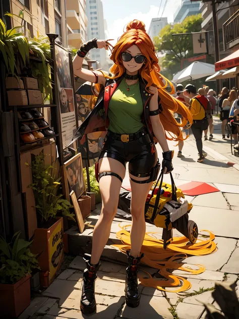 Sunsethuman, female, red and yellow hair, wavy hair, wearing tomb_rider_cosplay_outfit, wearing sunglasses, at a comic convention, smiling