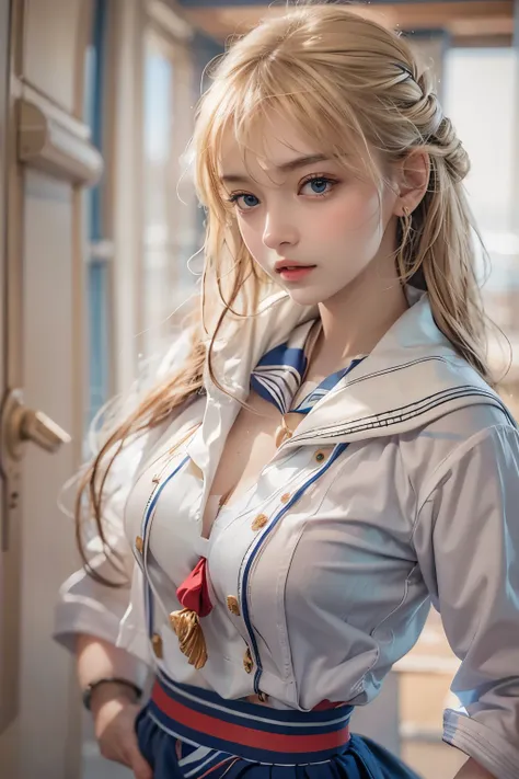 masterpiece,  top quality, 8k,  photorealistic ,  high definition , 1 Female, Alone,  viewers of the pin, (  DETAIL FACE ), Blonde,  white sailor suit, Extremely beautiful,  jewelry、Soft beautiful breasts、 sexy expression  ,((Shes trying to take off her sa...