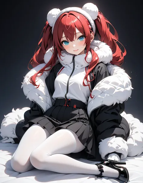 (( Hatsune Miku )), (White fluffy fur winter clothes, black inner sweater, tight black middle skirt, white sexy pantyhose, black high heels))),   top quality,  top quality, 16k,  very detailed with crimson hair, 2.5D, AI-generated, Delicate and dynamic,  v...