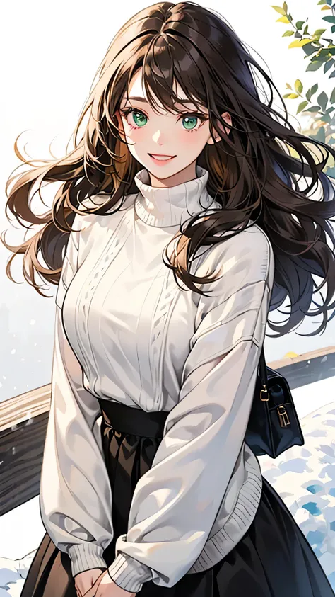 a cute woman with long brown hair with bangs, light green eyes, very white skin, wearing a big white sweater, smiling softly on a snowy background.