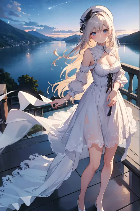  A woman wearing a dress and a hat is standing on the balcony （masterpiece）、( top quality)、(( more))、( very delicate )、Princess in a naughty nightdress 、 platinum blonde 、 Beautiful breasts 、Thighs、nice、Lake with mountain views、 amazing starry sky