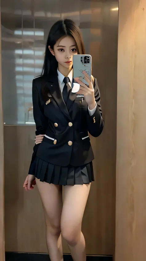 Japanese female high school student holding biceps with one hand taking a selfie at home in uniform
The color of the uniform black Breast C cup Short skirt long hair wearing a blazer