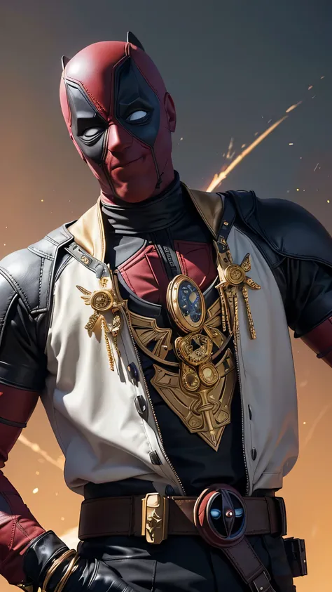 Deadpool wearing a luxurious white suit designed in collaboration with Louis Vuitton, adorned with golden diamond-shaped patterns reminiscent of the brands iconic monogram. The suit features gold-accented utility belts and pouches with refined high-fashion...