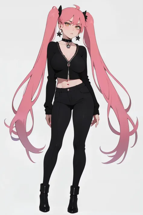 girl, yellow eyes, Twintails hair, long hair, pink hair, large breast, medium ass, Bobby pins, choker, bored facial, star earrings, Simple white backdrop, idol, full body
