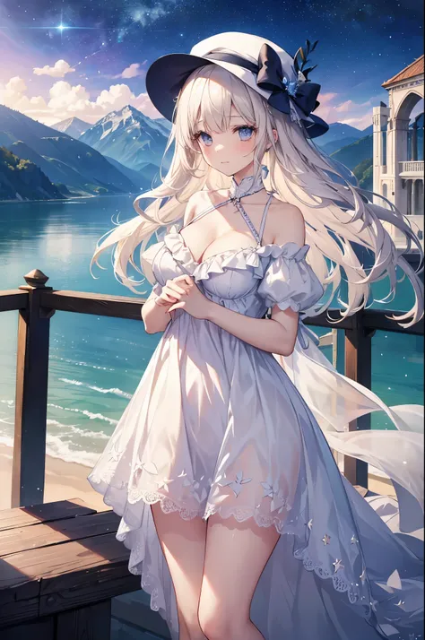  A woman wearing a dress and a hat is standing on the balcony （masterpiece）、( top quality)、(( more))、( very delicate )、Princess in a naughty nightdress 、 platinum blonde 、 Beautiful breasts 、Thighs、nice、Lake with mountain views、 amazing starry sky