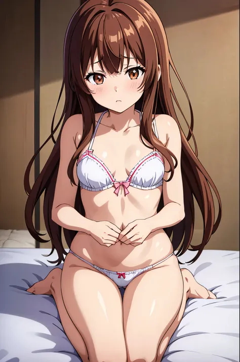  an anime girl wearing a maid costume 、Im sitting on my bed  、Height: 160cm、 beautiful 、 cute little 、 uneasy expression。 1 Woman 。 light brown hair 。 brown eyes。 long hair on background。 matching bangs 。 pale pink lipstick。Tiny white camisole 。underwear:P...