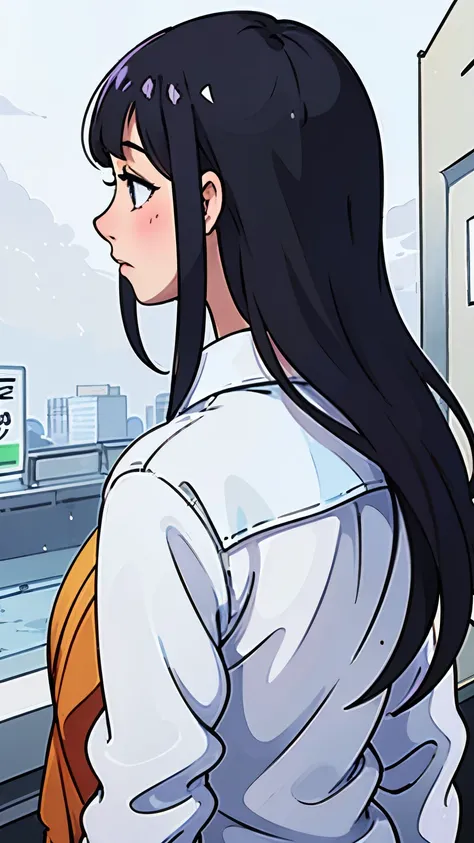  1 girl,  high definition ,masterpiece,  Legs Out of Frame,black hair,  soft light ,  bust up， Hide Ears ,  casual clothes ,  back view,  Backwards,Cold protection,ニット帽