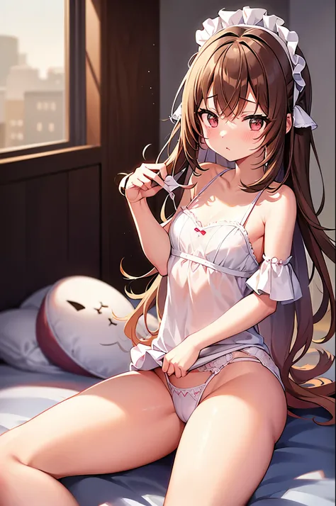  an anime girl wearing a maid costume 、Im sitting on my bed  、Height: 160cm、 beautiful 、 cute little 、 uneasy expression。 1 Woman 。 light brown hair 。 brown eyes。 long hair on background。 matching bangs 。 pale pink lipstick。Tiny white camisole 。underwear:P...