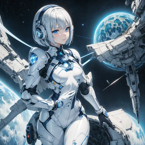 (masterpiece、 top quality、 highest resolution、 clear _image、 Detailed Details): (Whole body、A 20 year old girl、Japanese Faces、 small face、 slender、 dark blue super short bob cut hair、(Hidden small breasts:1.3)、 Sparkling Blue Eyes 、Shiny pilot suit in whit...