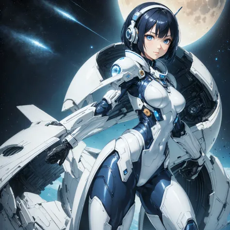 (masterpiece、 top quality、 highest resolution、 clear _image、 Detailed Details): (Whole body、A 20 year old girl、Japanese Faces、 small face、 slender、 dark blue super short bob cut hair、(Hidden small breasts:1.3)、 Sparkling Blue Eyes 、Shiny pilot suit in whit...