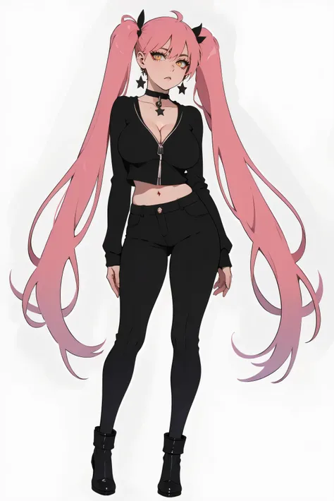 girl, yellow eyes, Twintails hair, long hair, pink hair, large breast, medium ass, Bobby pins, choker, bored facial, star earrings, Simple white backdrop, idol, full body