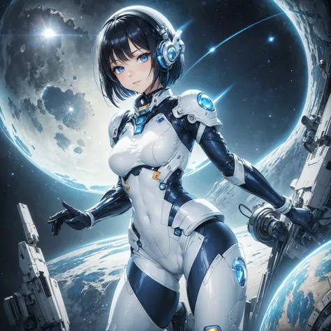 (masterpiece、 top quality、 highest resolution、 clear _image、 Detailed Details): (Whole body、A 20 year old girl、Japanese Faces、 small face、 slender、 dark blue super short bob cut hair、(Hidden small breasts:1.3)、 Sparkling Blue Eyes 、Shiny pilot suit in whit...