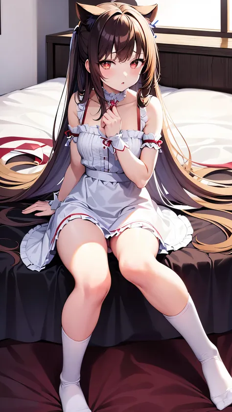  an anime girl wearing a maid costume 、Im sitting on my bed  、Height: 160cm、 beautiful 、 cute little 、 uneasy expression。 1 Woman 。 light brown hair 。 brown eyes。 long hair on background。 matching bangs 。 pale pink lipstick。Tiny white camisole 。underwear:P...