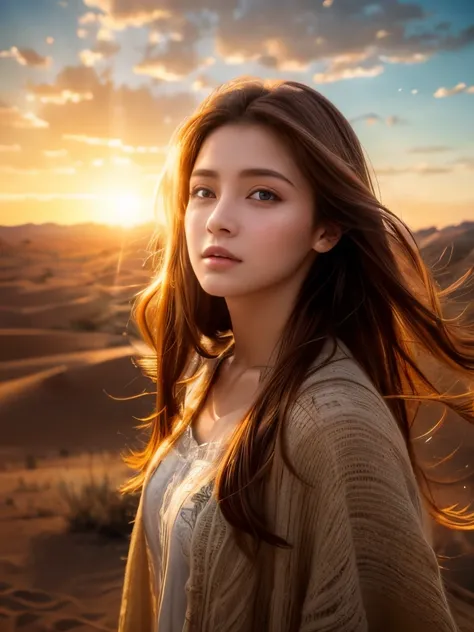  Beautifully Drawn ,  High Quality ,masterpiece,  Ultra high definition 8K RAW photo of a young woman with a serene expression , A girl is staring into the distance with her impressive reddish brown hair swaying softly in the desert breeze, Highly detailed...