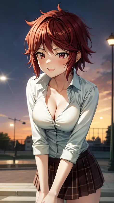 （ super high quality , super high resolution ,16k,super masterpiece,Ultra HD ,Detailed shading and background,）A sexy girl is looking up,（White nude shirt, cleavage, Plaid Mini Skirt,）smile,blush,Night Park, lifts your hair and skirt,Leaning forward greatl...