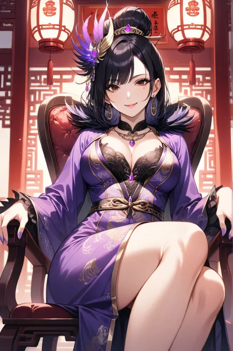 score_9, score_8_up, score_7_up, masterpiece,  top quality,  Perfect Anatomy,   very aesthetic ,  chair ,Bewitching Smile,Legs crossed,((From a low angle)), (( looking down at viewers )),  mature, Alone,  1 girl,  black hair,  necklace, ((( mole under left...