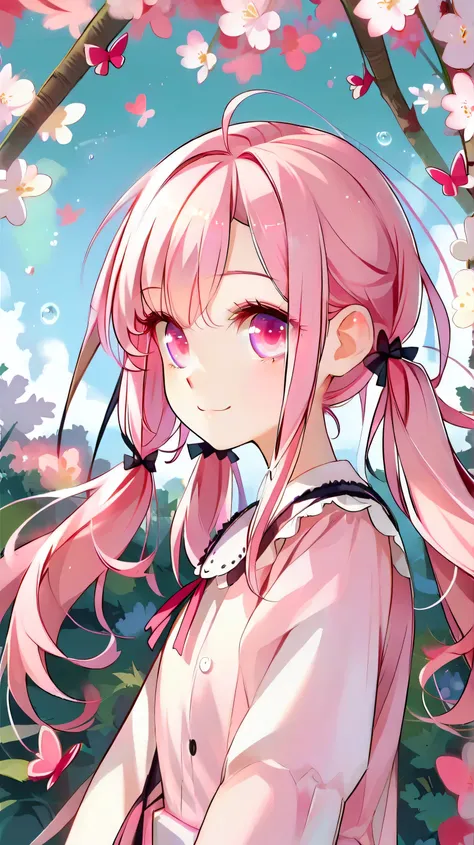 big expressive eyes, cute face, soft skin, pink hair, pigtails, cute dress, lace and bows.