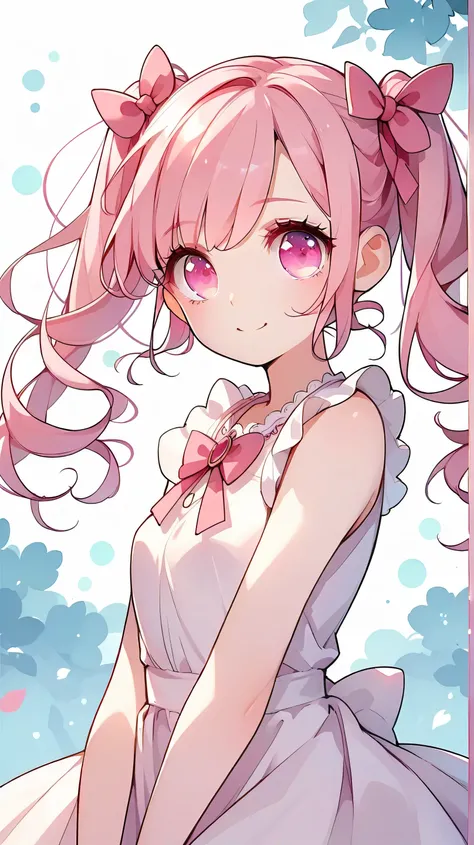 big expressive eyes, cute face, soft skin, pink hair, pigtails, cute dress, lace and bows.