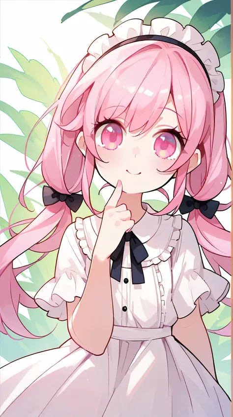 big expressive eyes, cute face, soft skin, pink hair, pigtails, cute dress, lace and bows.