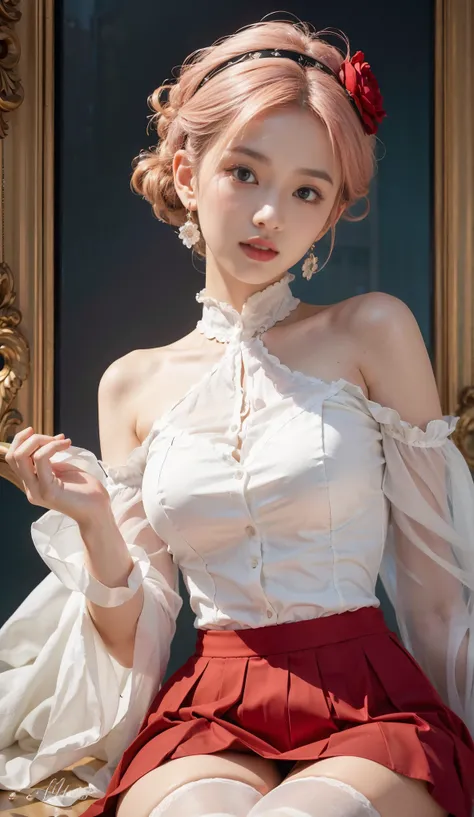 Beautiful asian woman, white off shoulder top, red pleated skirt, white stockings