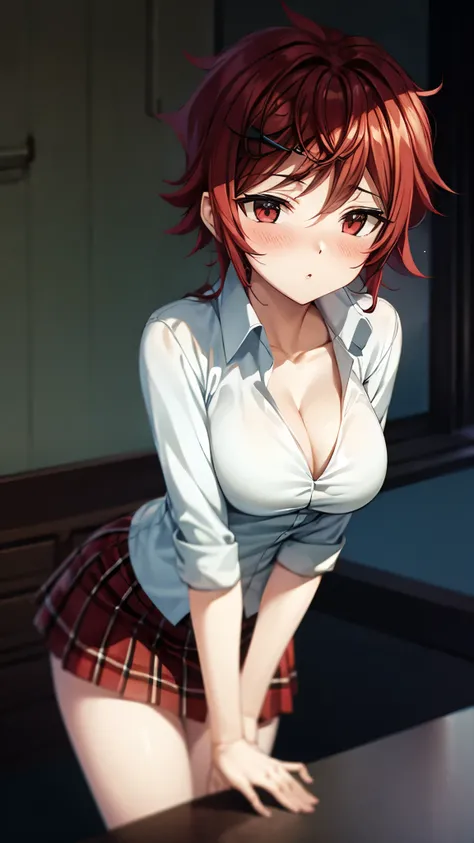 （ super high quality , super high resolution ,16k,super masterpiece,Ultra HD ,Detailed shading and background,） on the verge of crossing,A sexy girl is looking up,（White nude shirt, cleavage, Plaid Mini Skirt,）blush,Terrace at night, lifts the skirt,Leanin...